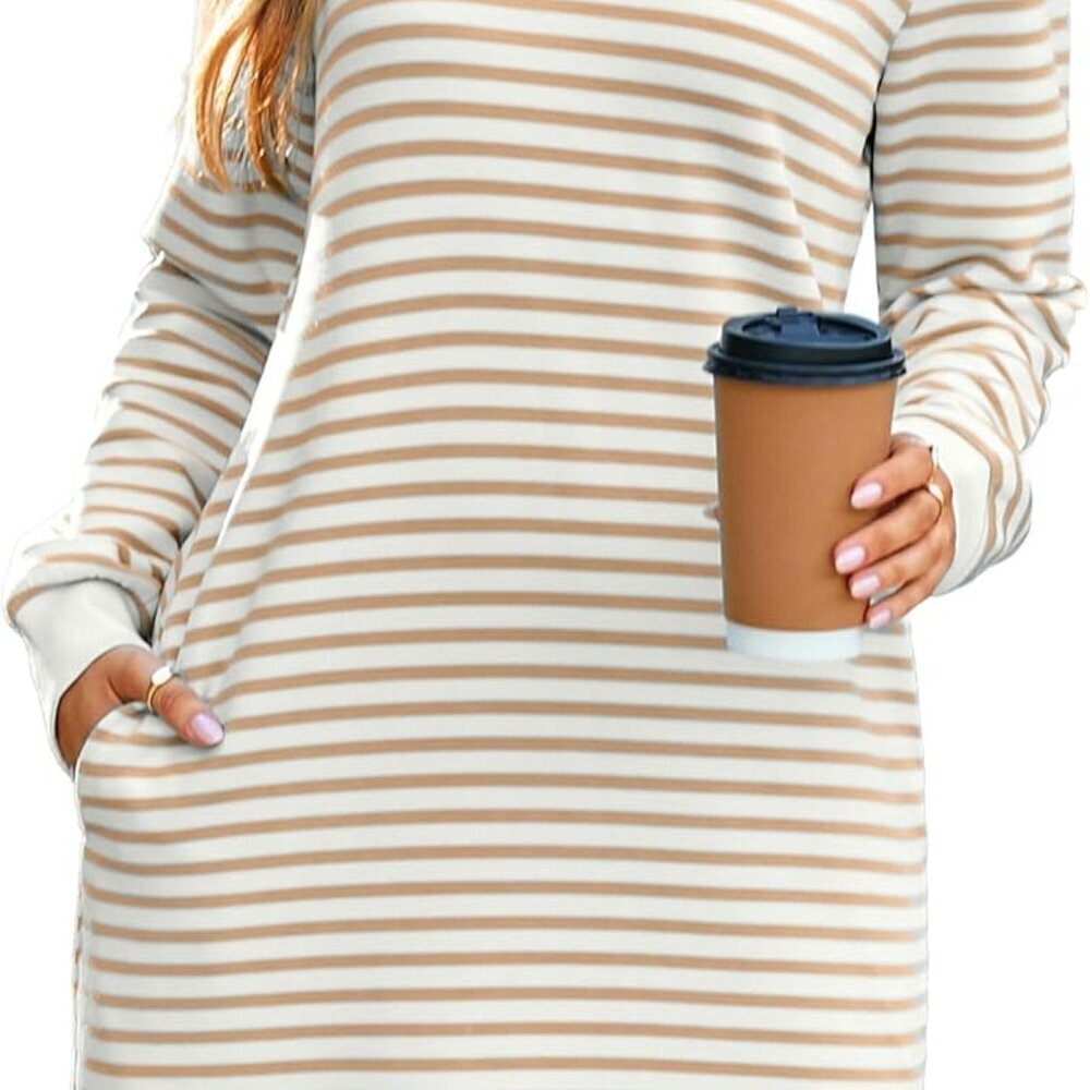 Women TShirt Dress Casual Striped Long Sleeve Knee Length Pockets